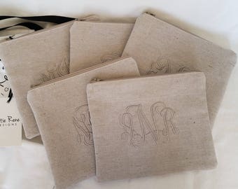 Set of 5 Monogram Makeup Bag, Bridesmaid Gift, Personalized Zipper Pouch, Embroidered Bridesmaid Gift, Party Favor, Monogram Makeup Bag
