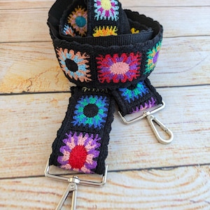 Black Crocheted Granny Square Guitar Style Strap: Boho Purse Crossbody Replacement