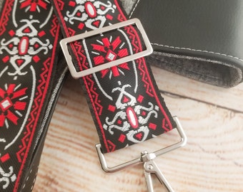 Adjustable Guitar Style Purse Strap: Black & Red Embroidered Crossbody