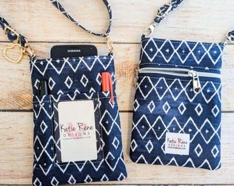Geometric Print Crossbody Phone Lanyard: Teacher ID Wallet - Navy & White