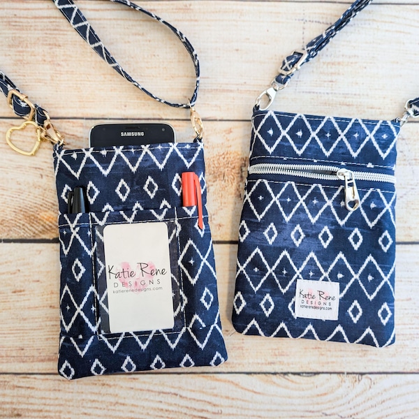 Geometric Print Crossbody Phone Lanyard: Teacher ID Wallet - Navy & White