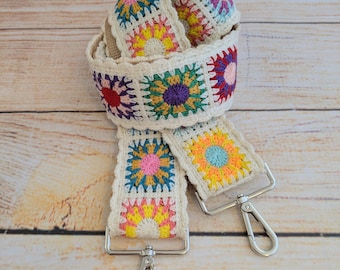 Ivory Crocheted Granny Square Guitar Style Strap: Boho Purse Crossbody Replacement
