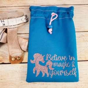 Unicorn Gymnastics Grip Bag: Personalized Lapis Blue Drawstring Bag
