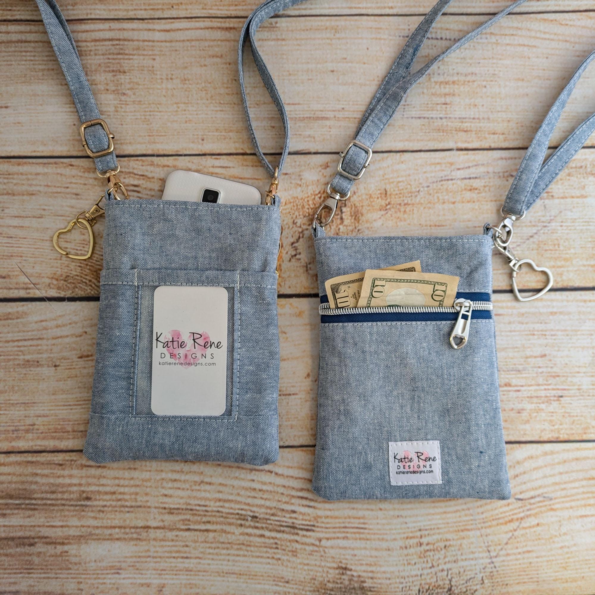 Crossbody Phone Lanyard with zipper pocket in blue linen with boho geometric lining, ready to ship. Teacher's Gift!