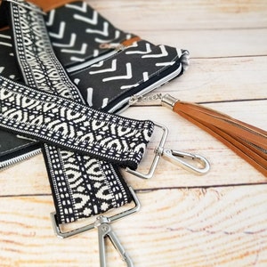 Black and White Boho Guitar Bag Strap: Adjustable Crossbody