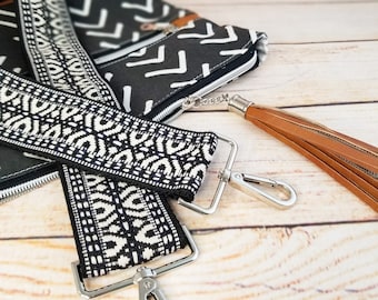 Black and White Boho Guitar Bag Strap: Adjustable Crossbody