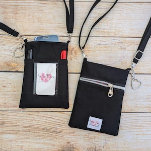 Teacher Phone Lanyard: Black Crossbody Bag with Floral Lining and zipper pocket