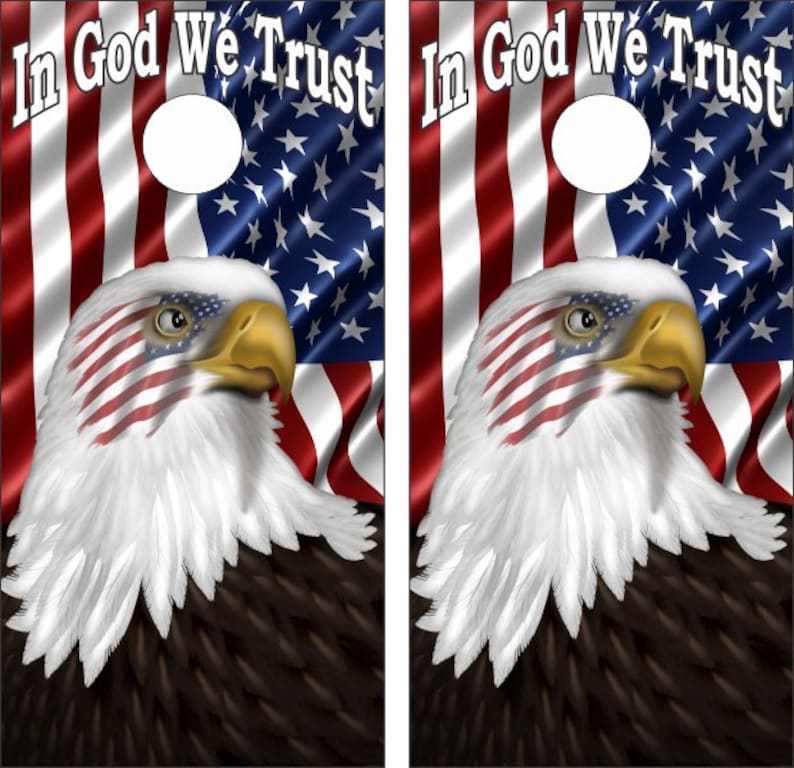 American Flag With Eagle Design In God We Trust Custom Made Cornhole Wraps Skins to apply to your own boards