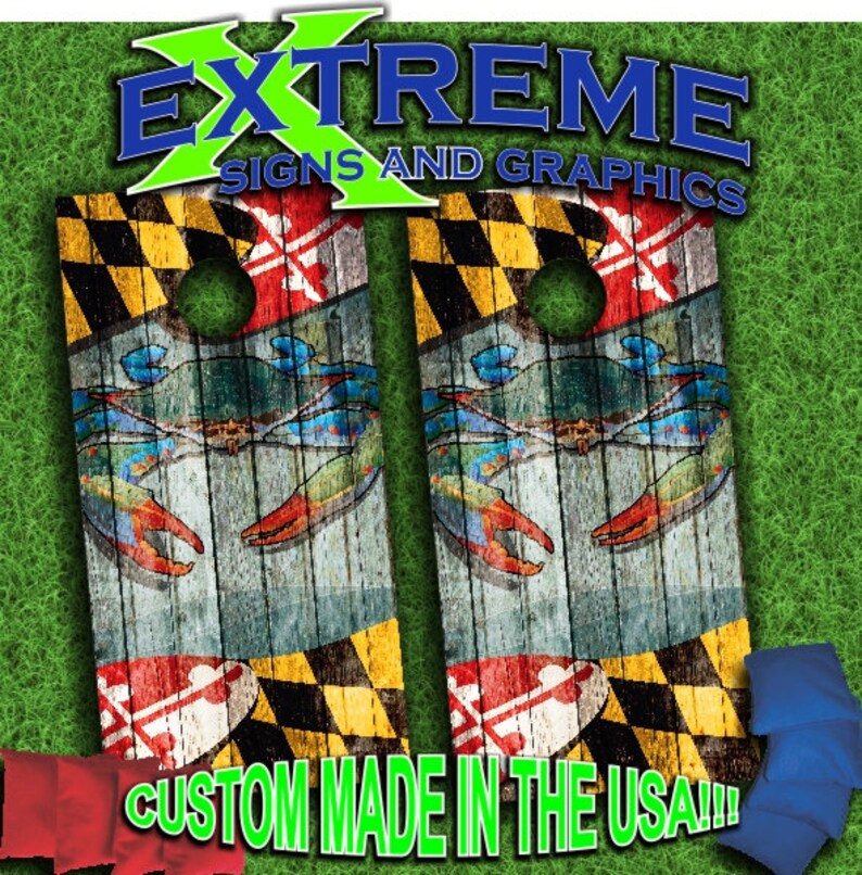 Custom Made Cornhole Bean Bag Toss BOARDS with BAGS Citizen Pride Art of Blue Crab Maryland MD Flag Wood Look