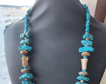 Turquoise Nuggets, Whitetail Antler, Golden Labradorite and Silver Layering Necklace, Statement Necklace, Unique Turquoise Necklace