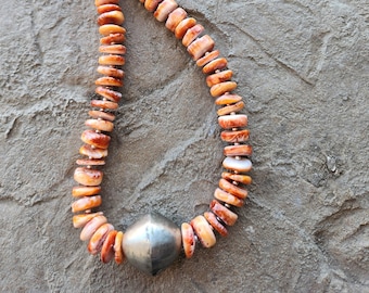 Orange Spiny Oyster and Silver Necklace, Handcrafted Layering Necklace, Montana Made Necklace, Orange Spiny Oyster Rondelle Necklace