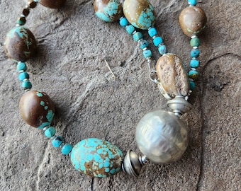 Faceted Hubei Turquoise with #8 Turquoise Nuggets, Statement Necklace, Handcrafted Layering Necklace, Montana Made Necklace,