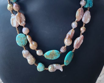 Two Strand Baroque Pearls, Edison Pearls, Brass and Turquoise, Handcrafted Layering Necklace, Montana Made Statement Necklace, Unique