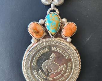 Vintage Token, Apple Coral and Sonoran Turquoise Necklace, Sterling Silver, Nickel Silver, Bronc Rider, Handcrafted Statement Necklace