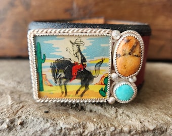 Vintage Flicker and Leather Cuff Bracelet, Bucking Bronc and Cowboy, Red Leather, Apple Coral, Sonoran Turquoise, Sterling & Nickel Silver