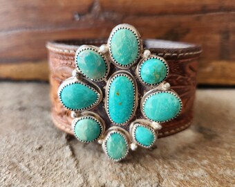 Sonoran Turquoise Cluster and Repurposed Leather Cuff, Sterling Silver and Nickel Silver, Handcrafted Statement Cuff Bracelet