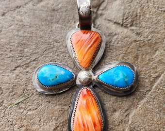 Spiny Oyster and Kingman Turquoise Pendant, Pendant Only, Sterling Silver, Nickel Silver, Handcrafted Turquoise Pendant