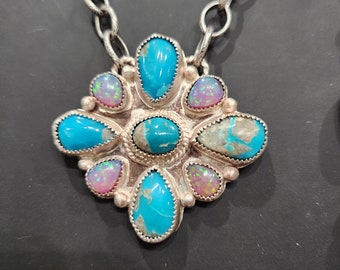 Pink Opal and Blue Kingman Turquoise Cluster Pendant with Chain Links, Layering Necklace, Handcrafted Turquoise Necklace, German Silver