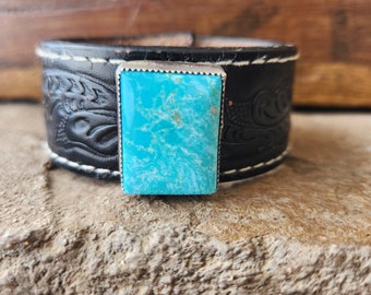 Turquoise and Black Leather Cuff Bracelet, Repurposed Leather, Turquoise, Nickel Silver and Sterling Silver, Handcrafted Layering Bracelet