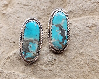 Kingman Turquoise and Sterling Silver Post Earrings, Handcrafted Turquoise Earrings, Montana Made