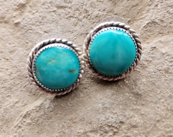Round Kingman Turquoise and Sterling Silver Post Earrings, Green Turquoise Earrings, Handcrafted Turquoise Earrings, Montana Made Earrings