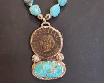 Vintage Brass Token and Kingman Turquoise Pendant, Sterling Silver, Nickel Silver, Sonoran Turquoise Nugget Beads, Layering Necklace