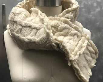 Handmade Patchwork Wool Cable Knit Scarf. Eco-Friendly. One-of-a-Kind. Upcycled. Bohemian, Artisan, Stylish. Winter accessory. Great gift.