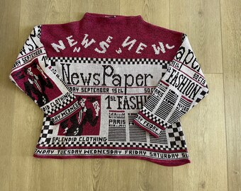 Newspaper Novelty Sweater / Grandpa / Baggy / Mock Neck / Knit / Jumper / Pink / Adele Knitwear / 80's / Medium / Large / Vintage Streetwear