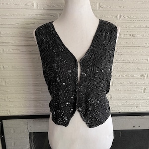 Vintage Black Beaded Vest / Sequins / 90's / Embroidered / Disco / Glam / Gothic / Medium / Witch / Small / 80's