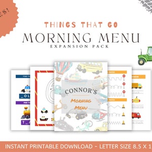 Things That Go Expansion Pack Morning Menu - Morning Menu Printable - Homeschool Printables - Toddler Learning - Kindergarten Prep