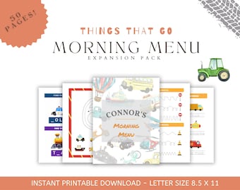 Things That Go Expansion Pack Morning Menu - Morning Menu Printable - Homeschool Printables - Toddler Learning - Kindergarten Prep