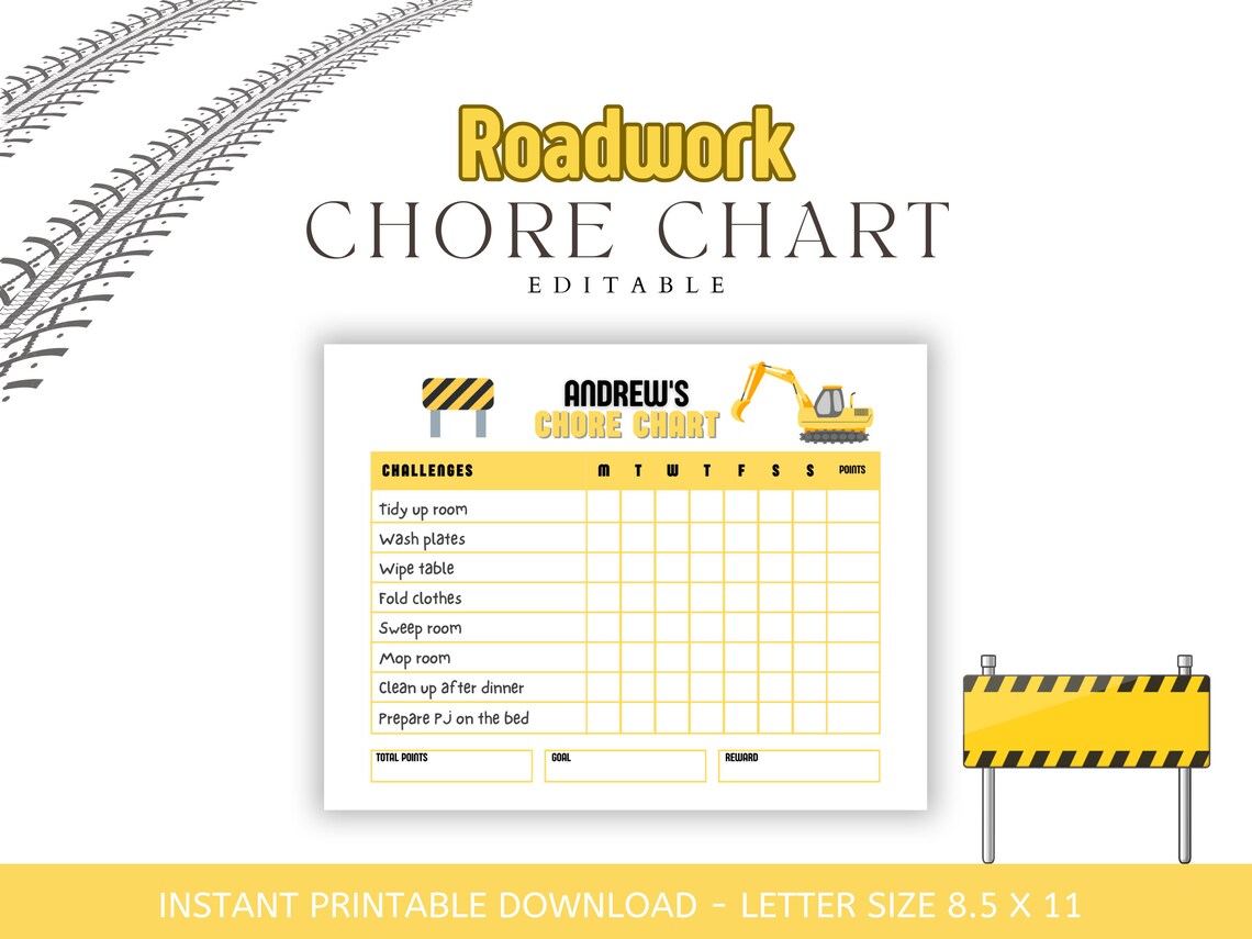 Chore Chart Construction, Editable Chore Chart, Printable, Canva ...