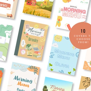May include: A collection of ten colorful children's morning menu covers. Designs include a farm scene, a sun, a rocket ship, and various floral and abstract patterns. Each cover features a child's name, such as Scarlett, Brooks, or Olivia.