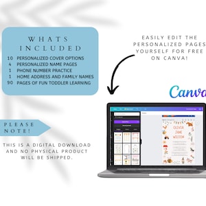 May include: A laptop displays a personalized toddler learning page with the name "Olivia Jane Wilson." The image includes text: "What's Included: 10 personalized cover options, 4 personalized name pages, phone number practice, home address and family names, and 90 pages of fun toddler learning."