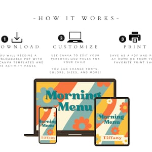 May include: A digital product display with the text "Morning Menu" on a laptop, tablet, and phone. The design features retro-style flowers and a color scheme of orange, teal, and yellow. Instructions on how to download, customize, and print are also included.