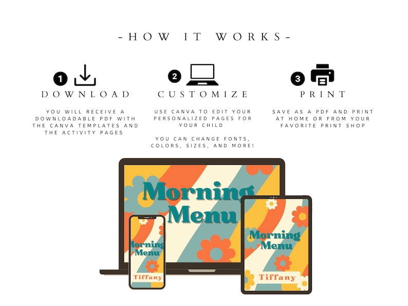 May include: A digital product display with the text "Morning Menu" on a laptop, tablet, and phone. The design features retro-style flowers and a color scheme of orange, teal, and yellow. Instructions on how to download, customize, and print are also included.