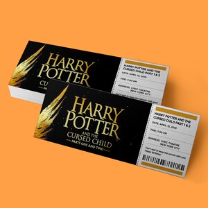 May include: Two black and gold tickets for Harry Potter and the Cursed Child - Parts One and Two. The tickets are for April 15, 2019 at 7:00 PM at the Lyric Theatre in New York City.