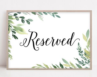 5 x 7 Reserved Wedding Sign PRINTABLE Greenery Eucalyptus Leaf Bride Groom Family Friends Ceremony Reception DIY Download File 4 x 6