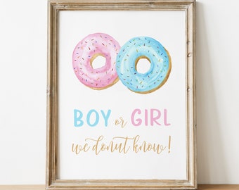 PRINTABLE - Donut Gender Reveal - Boy or Girl We Donut Know - Baby Shower Reveal Party Pink Blue Sprinkle Doughnut - Portrait and Landscape