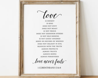 PRINTABLE - Love is Patient Kind Never Fails Sign 1 Corinthians 13 Bible Verse Scriptures Sign Art Wedding Engagement Mr Mrs DIY Download