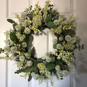 Pom Pom wreath, Queen Anne&#39;s Lace, Front Door Wreath,  Mixed Greens with Cream berries and buds, Country