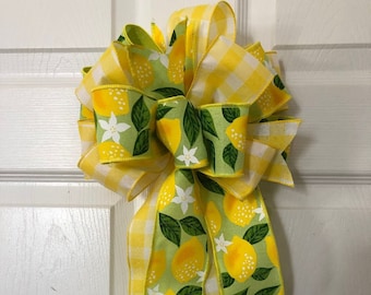 Lemon Bow, Yellow Check Plaid Ribbon, Floral Wired Edge