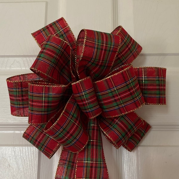 Plaid Bow, Tartan Plaid Christmas Bow, Wreath Bow, Lantern Bow, 2 1/2"Wired Gold edged ribbon