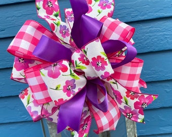 Floral Lantern Bow, Pink Buffalo Check, Purple Satin, Farmhouse Wreath
