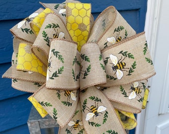 Honey Bees Burlap Wreath Bow, Wired Linen Ribbon