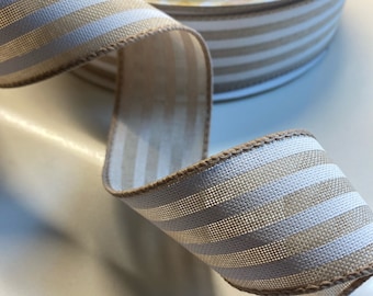 Natural Linen with white stripes ribbon, 5 yds of 1 1/2" Linen   wired edged ribbon