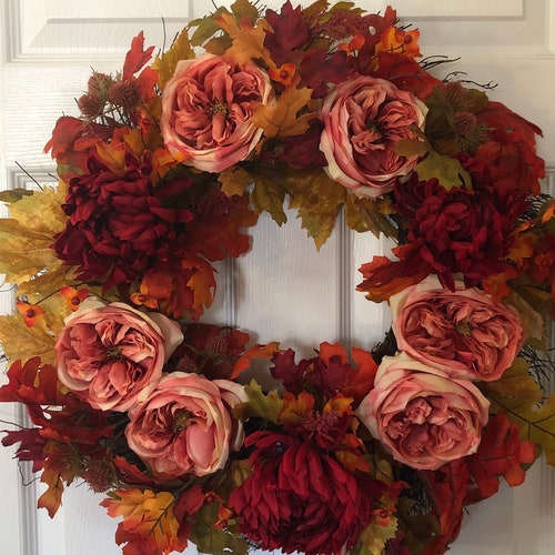Autumn Wreath, fall shops leaves, football Mums, cabbage roses and bittersweet, Thistles and Bittersweet, Fall front door, Farm house Wreath