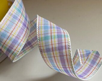 Linen Plaid Ribbon, Lavender, Blue, Yellow & Orange, 1.5" Wired Edge, 5 Yards