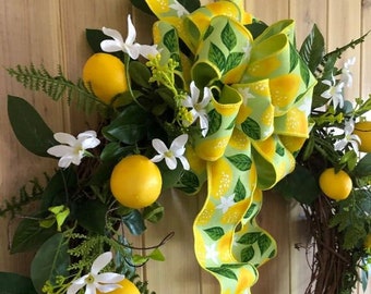 Lemon Grapevine Wreath with Blossoms and Bow, Spring Summer Decor