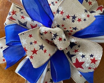 Patriotic, Americana Bow, Red, White and Blue, Country,  Farm house Wreath Bow, , Linen wired burlap ribbon,  Lantern Bow